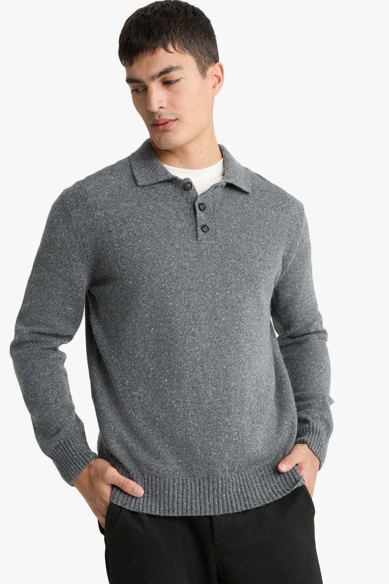 DeFacto Grey Man Standard Fit Polo Collar Knitwear Pullover Casual - Image 3